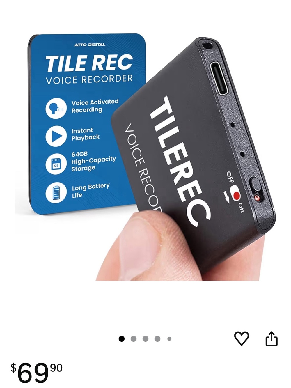 Atto 64GB Voice Recorder - Compact Portable Digital Recorder Worlds Slimmest